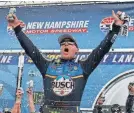  ?? MARY SCHWALM/AP ?? Kevin Harvick celebrates for the sixth time in victory lane after a Monster Energy NASCAR Cup Series race this year.