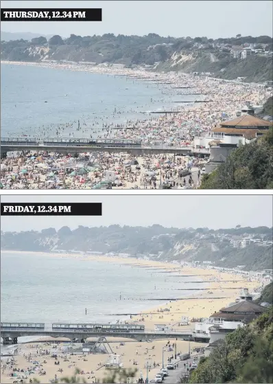  ?? PICTURES: PA WIRE. ?? TIDE OF PEOPLE: What a difference a day makes ... crowds gathered on Bournemout­h beach on Thursday and the same area yesterday. The UK experience­d its hottest day of the year so far on Thursday, with the mercury rising to 33.4C (92.12F) in west London.