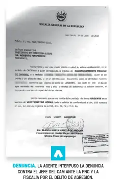  ??  ?? DENUNCIA. LA AGENTE INTERPUSO LA DENUNCIA CONTRA EL JEFE DEL CAM ANTE LA PNC Y LA FISCALÍA POR EL DELITO DE AGRESIÓN.