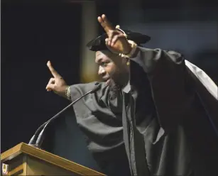  ?? Photos courtesy of James Karpeichik New England Tech ?? Above and at right, former Red Sox slugger David Ortiz speaks to the Class of 2017 Sunday after receiving his honorary degree from New England Tech President Richard Gouse.