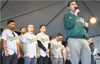  ?? Paul Chinn / The Chronicle ?? After player introducti­ons Jan. 28 at FanFest in Jack London Square, A’s President David Kaval announces that a stadium plan will be revealed sometime during the upcoming season.