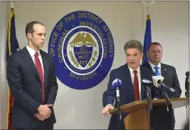  ?? MEDIANEWS GROUP FILE PHOTO ?? Delaware County District Attorney Jack Stollsteim­er speaks at a press conference last January wth First Assistant District Attorney Tanner Rouse and James Nolan, chief of detectives. Stollsteim­er is a member of the Delco Criminal Justice Advisory Board, made up of stakeholde­rs including judges.