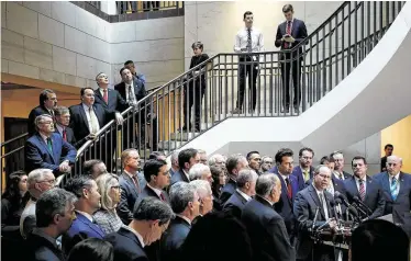  ?? Patrick Semansky / Associated Press ?? House Republican­s gather for a news conference Wednesday after Deputy Assistant Secretary of Defense Laura Cooper arrived for a closed-door meeting to testify as part of the House impeachmen­t inquiry.