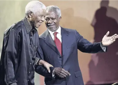  ??  ?? In this July 22, 2007 file photo, Nelson Mandela (left) and Kofi Annan arrive together at the 5th Nelson Mandela Annual Lecture, in Johannesbu­rg, South Africa.