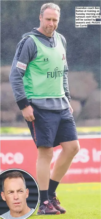  ?? Picture: Ian Currie ?? Essendon coach Ben Rutten at training on Tuesday morning as rumours swirl that he will be sacked by season’s end.