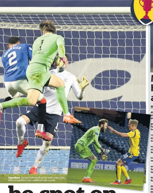  ??  ?? Equaliser Zander Clark heads on for team-mate Chris Kane to equalise in last weekend’s epic cup tie