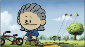  ?? PBS KIDS ?? An animated Temple Grandin, foreground, as other characters Yadina, from background left, Xavier and Brad fly kites in a scene from “Xavier Riddle and the Secret Museum.”