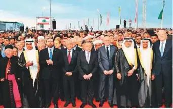  ?? SPA ?? Saudi officials join Lebanese premier Sa’ad Hariri ( third fromleft), former Lebanese President Michel Sulaiman, Future official Fouad Siniora and former Lebanese premier Najeeb Mikati for the official street renaming ceremony in Beirut.