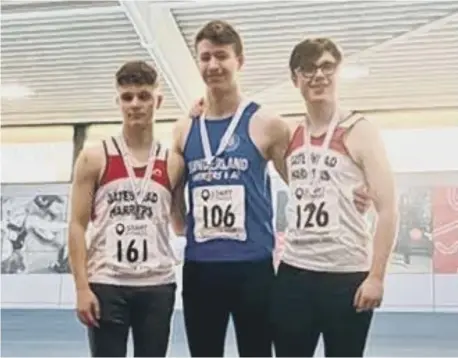  ??  ?? Sunderland Harriers’ Jordan Beavers, centre, as NE Champion at U20 60m in 7.09 secs.