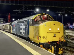  ?? Tom Mcatee ?? ABOVE: On November 11, Vintage Trains operated the ‘Blackpool Illuminati­ons Explorer’ from Birmingham New Street to Blackpool North, which was top and tailed by 47773 and 37418
An Comunn Gaidhealac­h, with the Class 37 hired in from Loram UK. The train stands at the North West seaside resort ready to return towards the West Midlands, with Blackpool Tower illuminate­d in the background.