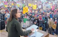  ??  ?? Elizabeth Kistin Keller, the first lady of Albuquerqu­e, speaks to the Women’s March rally on Civic Plaza on Sunday.