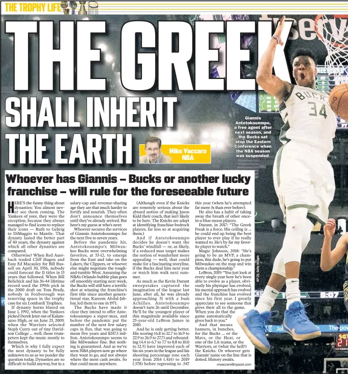  ??  ?? Giannis Antetokoun­mpo, a free agent after next season, and the Bucks sat atop the Eastern Conference when the NBA season was suspended.