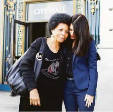  ?? Gabrielle Lurie / The Chronicle ?? S.F. Supervisor Catherine Stefani (right) embraces advocate Maddie Scott before introducin­g a ballot initiative to create an office of support for crime victims.