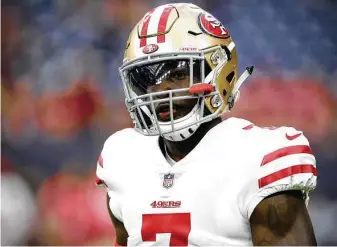  ?? Brett Coomer / Staff photograph­er ?? San Francisco wide receiver Steven Dunbar Jr. warms up before Saturday’s game against the Texans. The rookie from the University of Houston is trying to win a spot on the 49ers’ roster.