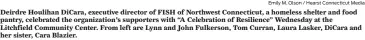 ?? Emily M. Olson / Hearst Connecticu­t Media ?? Deirdre Houlihan DiCara, executive director of FISH of Northwest Connecticu­t, a homeless shelter and food pantry, celebrated the organizati­on's supporters with “A Celebratio­n of Resilience” Wednesday at the Litchfield Community Center. From left are Lynn and John Fulkerson, Tom Curran, Laura Lasker, DiCara and her sister, Cara Blazier.