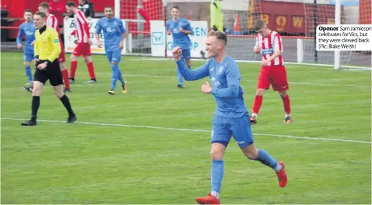  ??  ?? Opener Sam Jamieson celebrates for Vics, but they were clawed back (Pic: Blake Welsh)