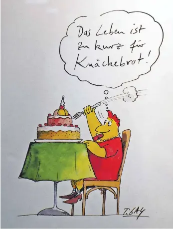  ?? FOTO: CHRISTEL VOITH ?? Guten Appetit: Die VHS Friedrichs­hafen zeigt Karikature­n von Peter Gaymann.