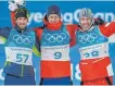  ?? FOTO: HENDRIK SCHMIDT ?? Olympiasie­ger Johannes Thingnes Bö, eingerahmt von Jakov Fak (links) und Dominik Landerting­er.