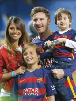  ??  ?? MADRID: This is a Sunday, May 22, 2016 file photo of Barcelona’s Lionel Messi, carrying his son, poses for a photo with his girlfriend Antonella Roccuzzo as they celebrate after winning the final of the Copa del Rey soccer match between FC Barcelona...