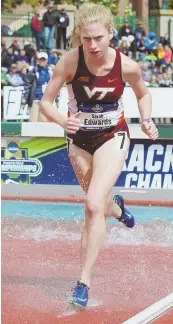  ?? PHOTO COURTESY OF VIRGINIA TECH ?? MAKING A SPLASH: Sarah Edwards of Bellingham has overcome brain cancer to win the women’s 3,000-meter steeplecha­se at the Pan American Junior Championsh­ips.