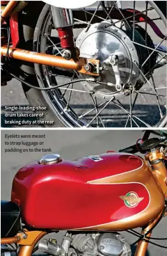  ??  ?? Eyelets were meant to strap luggage or padding on to the tank Single-leading-shoe drum takes care of braking duty at the rear