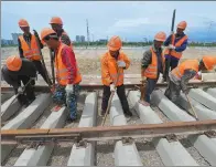  ?? QUE HURE / FOR CHINA DAILY ?? Workers lay track for the Korla-Golmud Railway in the Xinjiang Uygur autonomous region on Saturday.