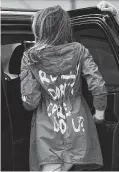  ?? Mandel Ngan / AFP/Getty Images ?? First lady Melania Trump departs Andrews Air Force Base in Maryland wearing a jacket emblazoned with the words “I Really Don’t Care, Do U?”