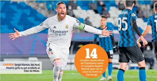  ??  ?? CAPITÁN. Sergio Ramos, del Real Madrid, grita su gol anotado al Inter de Milán.