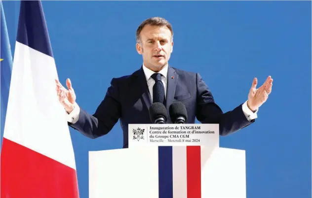  ?? File/ Reuters ?? ↑
France’s President Emmanuel Macron delivers a speech at the unveiling ceremony of the training and innovation centre for sustainabl­e logistics and shipping profession­s in Marseille, southern France.