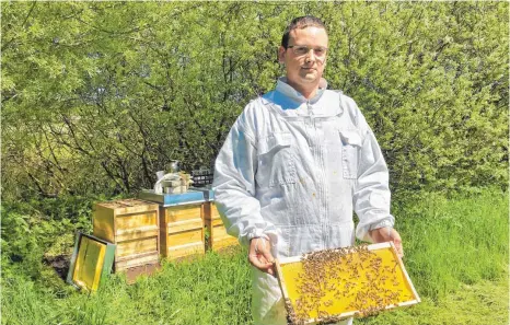  ?? FOTO: JASMIN BÜHLER ?? Der Waldseer Imker Alexander Oppitz hat – wie er sagt – wegen des gefälschte­n Wachses mehrere Bienenvölk­er verloren. Schuld daran war wohl beigemisch­tes Stearin – eine Substanz, die bei der Kerzenhers­tellung verwendet wird.