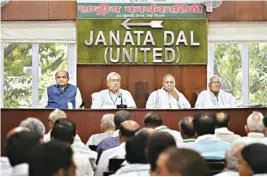  ??  ?? Bihar Chief Minister and JDU Chief Nitish Kumar, General Secretary KC Tyagi (L) and other leaders during party’s ‘National Executive’ meet at party headquarte­rs in New Delhi on Sunday pti