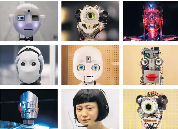  ??  ?? Intelligen­te Köpfe: Werden diese Roboter unser Leben leichter und effiziente­r – oder in Zukunft nur die Massen arbeitslos machen?