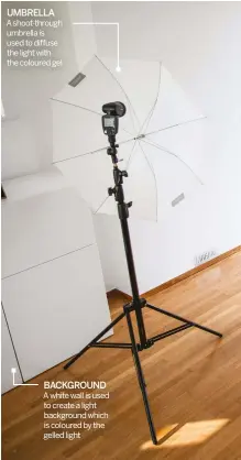  ??  ?? UMBRELLA A shoot-through umbrella is used to diffuse the light with the coloured gel BACKGROUND A white wall is used to create a light background which is coloured by the gelled light