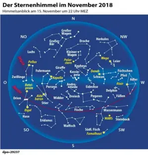  ?? BILD: SN/DPA ?? Am Osthimmel marschiere­n die Winterbild­er auf. Auffallend sind Stier und Zwilling. Tief im Südosten steht Orion, das Leitsternb­ild des Winters. Hoch im Nordosten leuchtet Kapella, Hauptstern des Fuhrmanns.