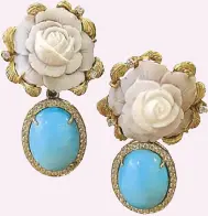  ??  ?? “Florentine” from the Jardineria collection combine turquoise and cameos set in gold with diamonds.
