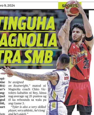  ?? / PBA.PH ?? FINALS: Miitsa si San Miguel Beermen import Bennie Boatwright batok ni Magnolia Hotshots pointguard Jio Jalalon ning aktuha sa Game 3 sa PBA Commission­er’s Cup final series niadtong Miyerkules sa gabii, Pebrero 7, 2024 sa Smart Araneta Coliseum.