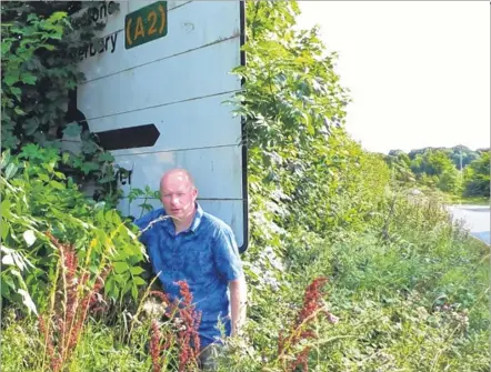  ??  ?? Mike Sole is incensed that this road sign on the B2046 Adisham Road can’t be properly seen