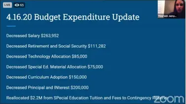  ?? IMAGE FROM SCREENSHOT ?? A slide explaining cuts and savings made to the draft $65.8million 2020-2021budget.