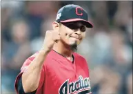  ?? Tony Dejak / Associated Press ?? Cleveland Indians relief pitcher Carlos Carrasco pumps his fist after the Indians defeated the Philadelph­ia Phillies 5-2 in Cleveland on Sept. 20, 2019. Carrasco believes that the Mets have enough pieces in place to contend for a World Series title.