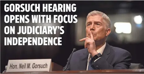  ?? JARRAD HENDERSON, USA TODAY ?? Appeals court Judge Neil Gorsuch testifies Monday before the Senate Judiciary Committee as his confirmati­on hearing began. If confirmed, Gorsuch would fill the late Antonin Scalia’s seat. The committee is slated to vote April 3 on Gorsuch’s nomination.