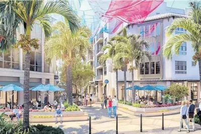  ?? THE EDWARDS COMPANIES ?? Atlantic Crossing will have restaurant­s, retail and apartments when the first phase opens on Delray Beach’s Atlantic Avenue between August and October. An artist’s illustrati­on shows the developmen­t plans for a courtyard at Seventh Avenue.