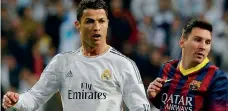  ?? AFP ?? La sfida nella sfida: Cristiano Ronaldo contro Leo Messi, Adidas contro Nike anche sulle maglie di Real Madrid e Barcellona