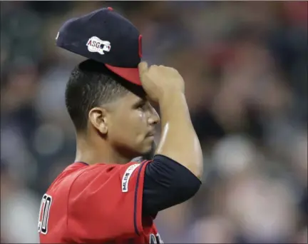  ?? TONY DEJAK — THE ASSOCIATED PRESS ?? Carlos Carrasco watches a three-run home run hit by the White Sox’s James McCann during the eighth inning Sept. 3.