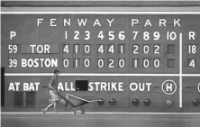  ??  ?? CLEAN UP THE MESS: The grounds crew gets to work following Sunday’s carnage reflected on the Fenway Park scoreboard.