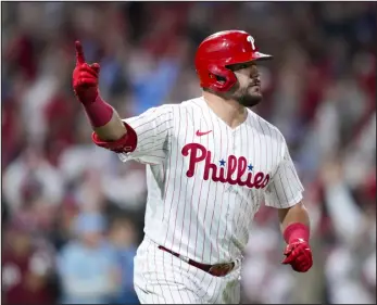  ?? MATT SLOCUM — THE ASSOCIATED PRESS ?? Philadelph­ia Phillies’ Kyle Schwarber celebrates after a home run against the Arizona Diamondbac­ks during the sixth inning in Game 2 of the NL Championsh­ip Series in Philadelph­ia on Tuesday.