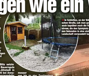  ??  ?? In Schlettau, an der Böhmischen Straße, sah man gestern auch tagsüber noch die Hagelkörne­r, die den Spielplatz binnen Sekunden in eine eisige Landschaft verwandelt hatten.