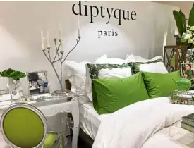  ??  ?? A room to “do nothing” in clean whites and crisp greens by sisters Ivy and Cynthia Almario, for Diptyque Sablier Figuier.