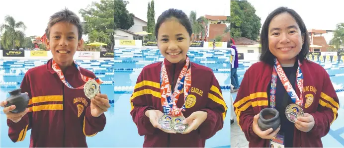  ?? MARIANNE L. SABERON-ABALAYAN ?? SILVER MEDALISTS. The Davao Region Athletic Associatio­n's (Davraa's) silver medalists from left, Ivo Nikolai Enot, Lora Micah Amoguis and Juliana Marien Villanueva at the start of the Palarong Pambansa 2018 swimming competitio­n at the President Elpidio...