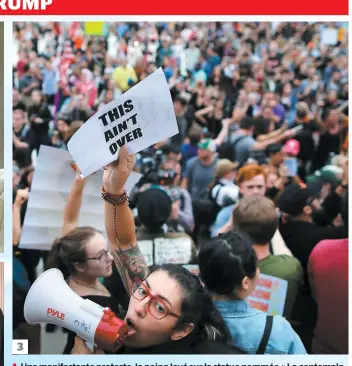  ?? PHOTOS AFP ET FOURNIE PAR LA COUR SUPRÊME DES ÉTATS-UNIS ?? Une manifestan­te proteste, le poing levé sur la statue nommée « La contemplat­ion de la Justice » devant la Cour suprême à Washington. Le chef de la Cour suprême américaine, John G. Roberts, fait prêter serment au juge Brett Kavanaugh sur la Bible, tenue par son épouse, Ashley Kavanaugh et accompagné de ses filles. Un millier de manifestan­ts ont passé la journée d’hier devant la Cour suprême et ont exprimé leur colère face à la nomination de Brett Kavanaugh.