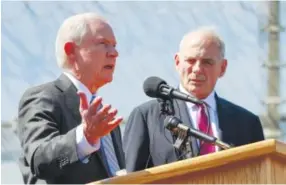  ??  ?? Attorney General Jeff Sessions, left, speaks as Secretary of Homeland Security John Kelly, right, listens during a news conference at the U.S.-Mexican border in San Diego on April 21. Hayne Palmour IV, The San Diego Union-Tribune